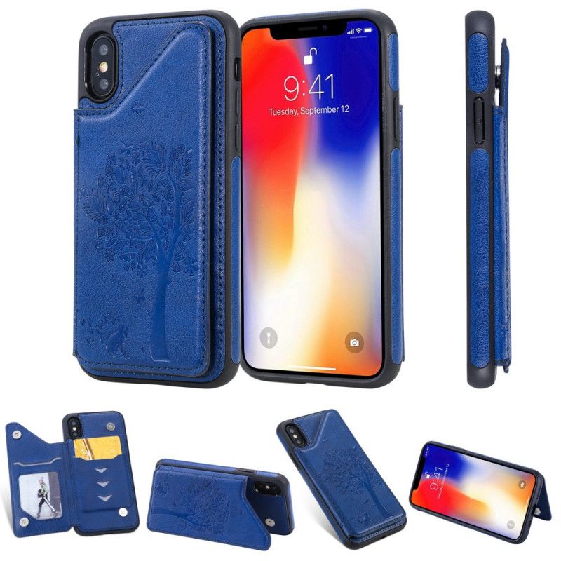 Cover iPhone X Navyblå Kortholder Med Katteprint Beskyttelse