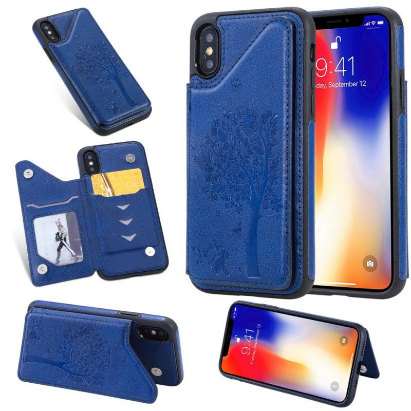 Cover iPhone X Navyblå Kortholder Med Katteprint Beskyttelse