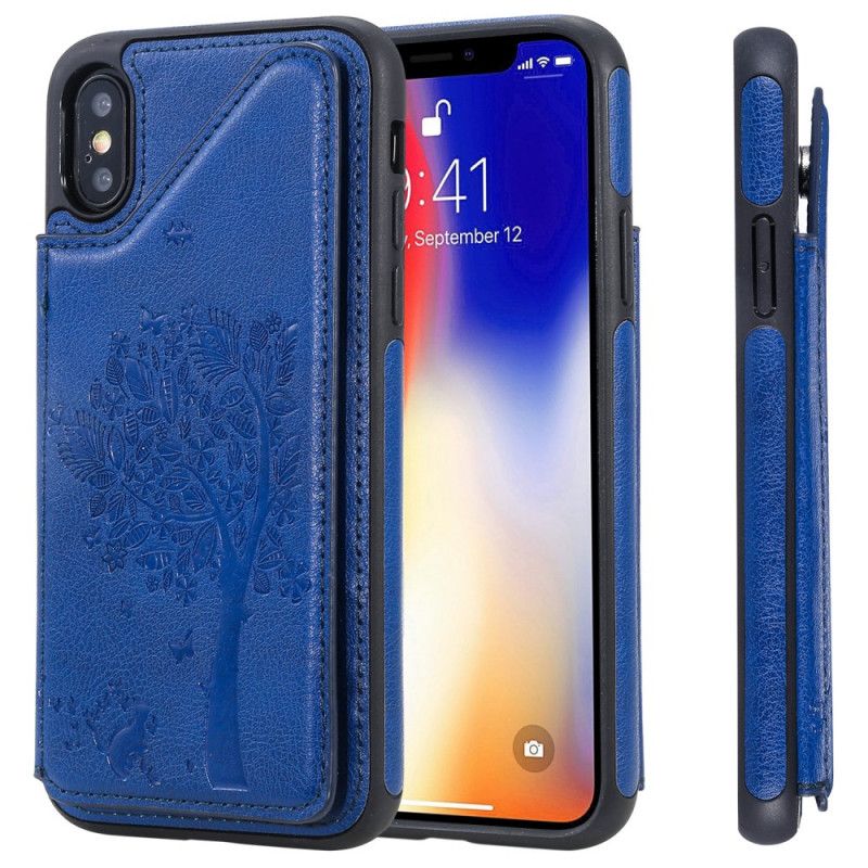 Cover iPhone X Navyblå Kortholder Med Katteprint Beskyttelse