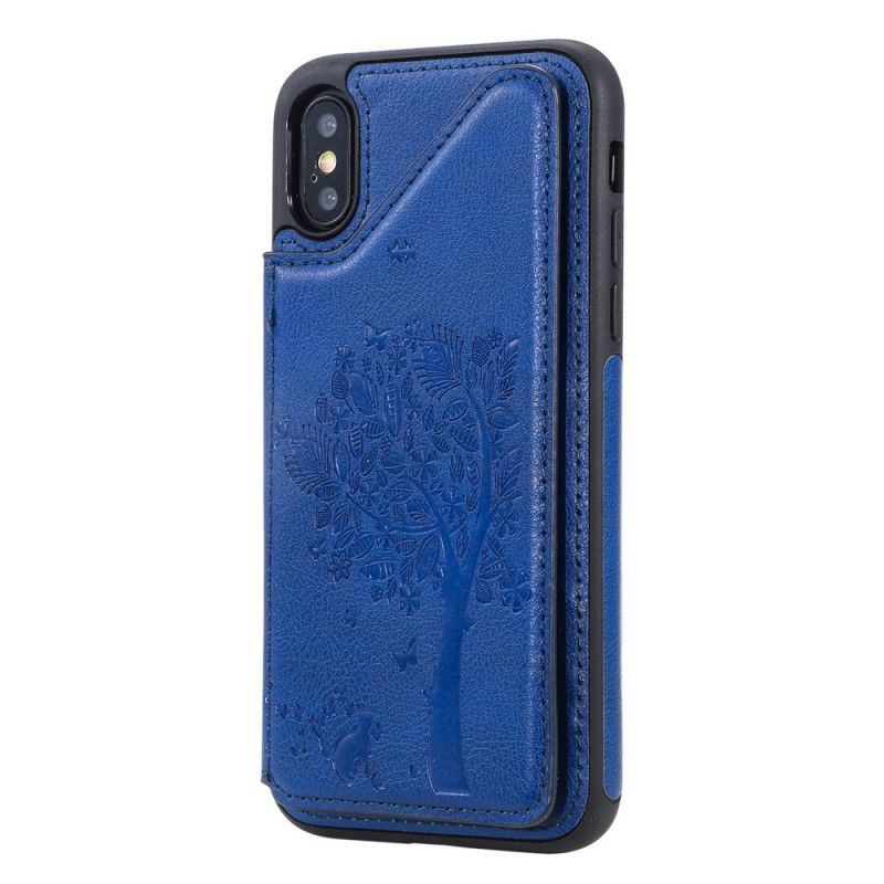 Cover iPhone X Navyblå Kortholder Med Katteprint Beskyttelse