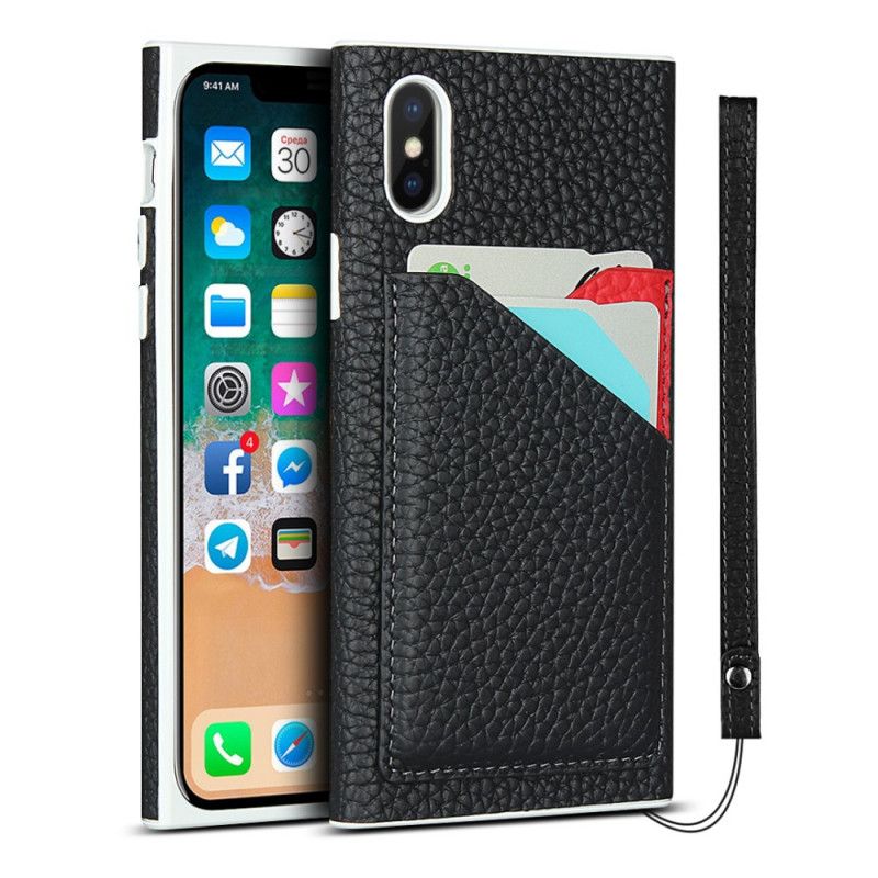 Cover iPhone X Sort Ægte Lychee Læder Kortholder Med Snor