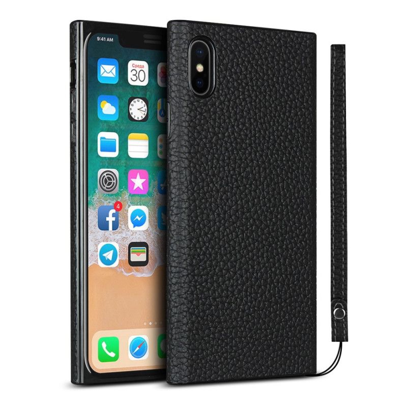 Cover iPhone X Sort Ægte Lychee Læder Med Rem