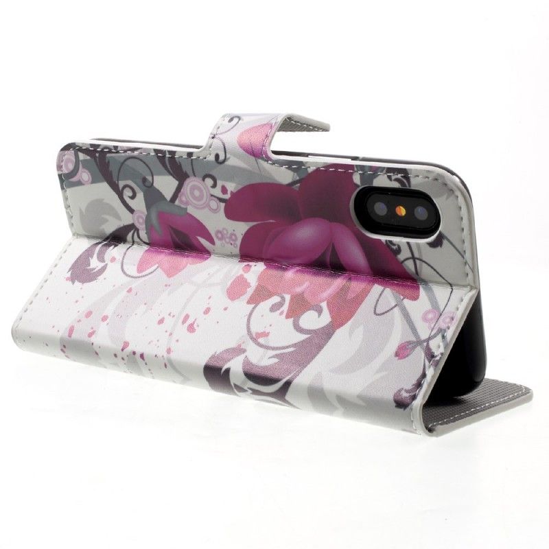 Flip Cover iPhone X Magenta Tropiske Blomster