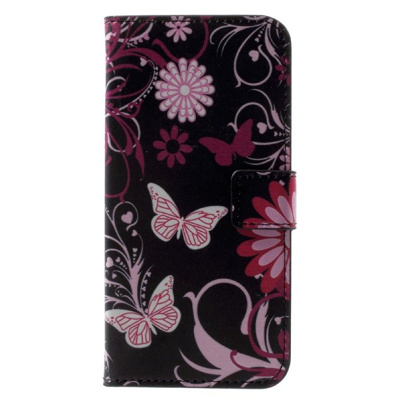 Flip Cover Læder for iPhone X Sort Sommerfugle Og Blomster