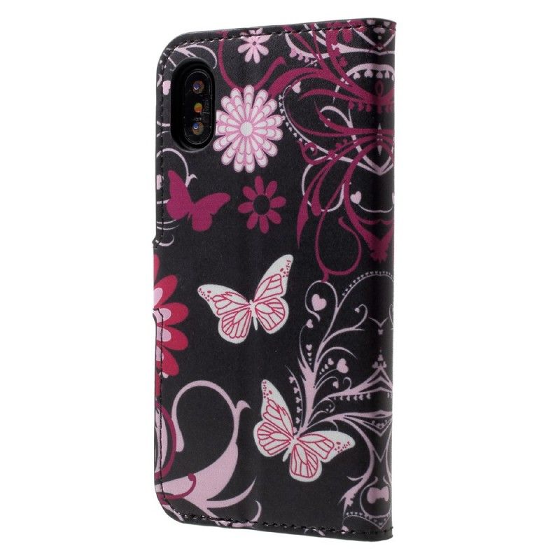 Flip Cover Læder for iPhone X Sort Sommerfugle Og Blomster