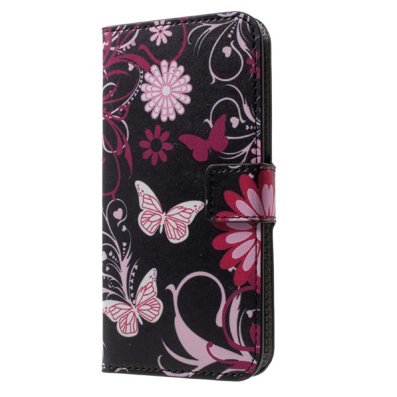 Flip Cover Læder for iPhone X Sort Sommerfugle Og Blomster