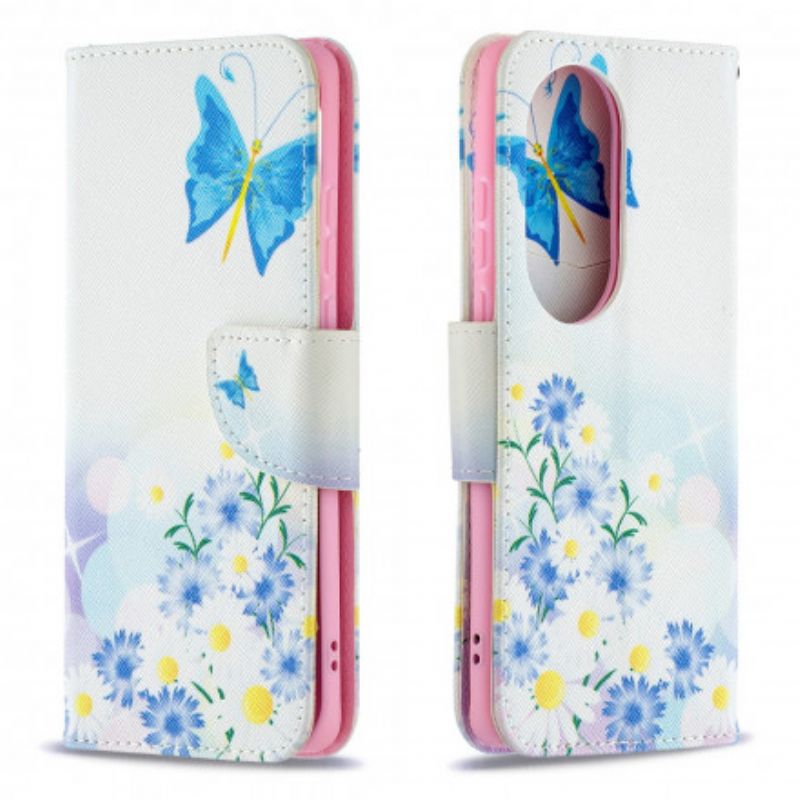 Flip Cover Huawei P50 Pro Malede Sommerfugle Og Blomster