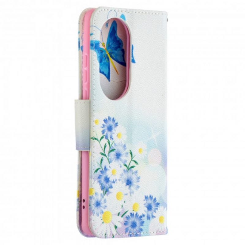 Flip Cover Huawei P50 Pro Malede Sommerfugle Og Blomster