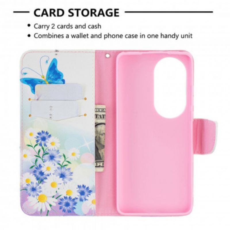 Flip Cover Huawei P50 Pro Malede Sommerfugle Og Blomster