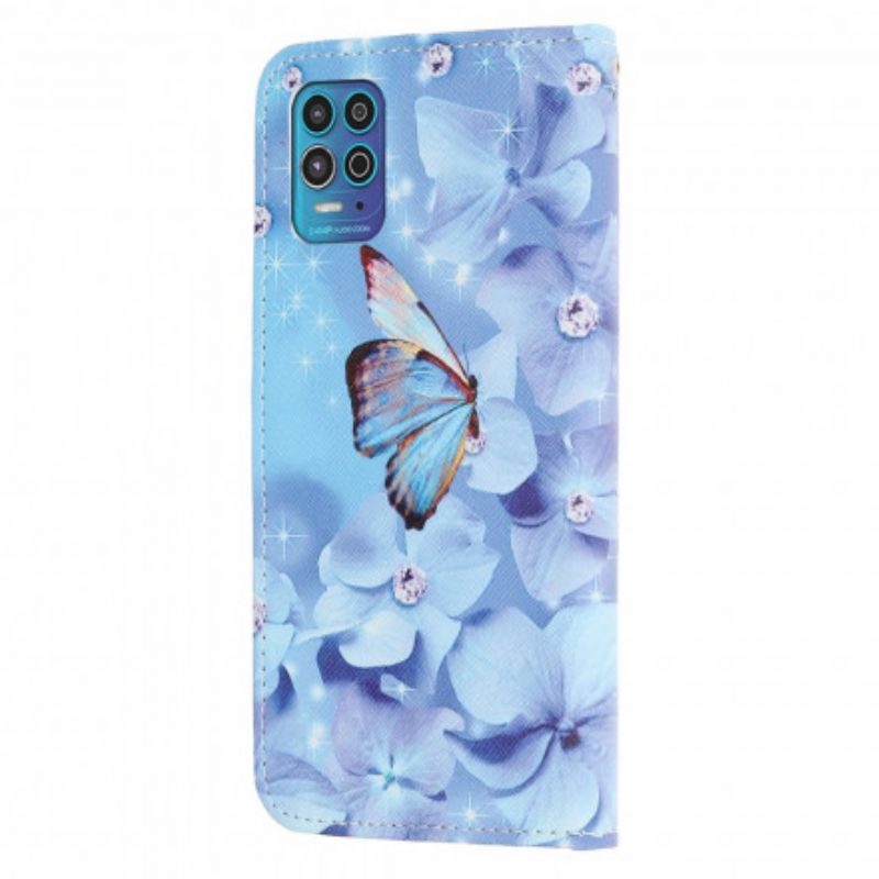 Læder Cover Moto G100 Telefon Etui Diamond Strappy Sommerfugle