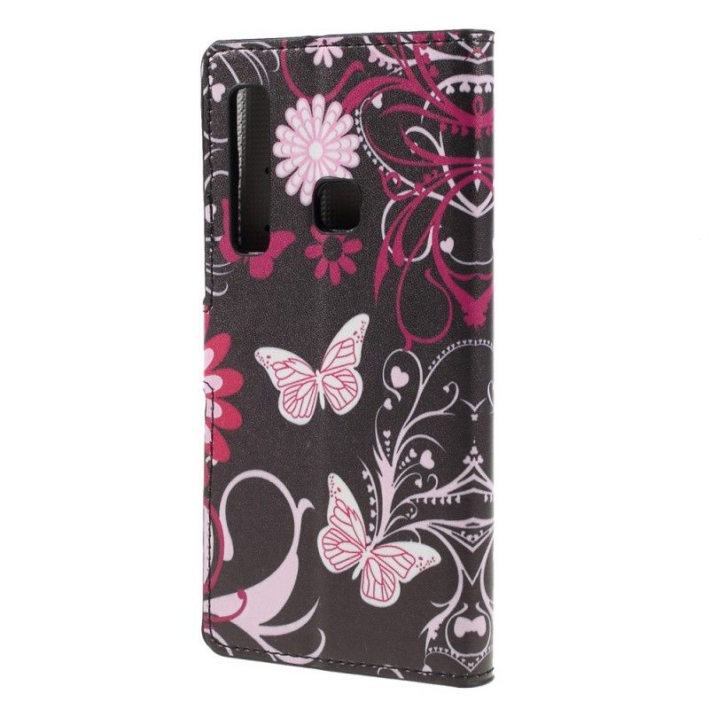 Flip Cover Læder for Samsung Galaxy A9 Hvid Design Sommerfugle Og Blomster