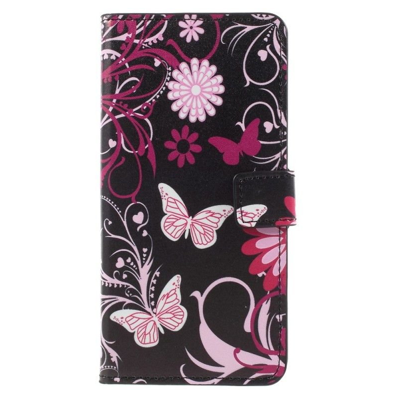 Flip Cover Læder Huawei Mate 10 Pro Sort Sommerfugle Og Blomster