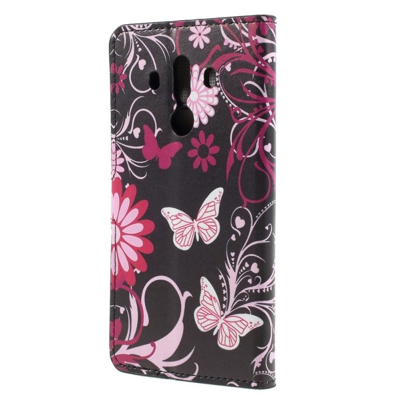 Flip Cover Læder Huawei Mate 10 Pro Sort Sommerfugle Og Blomster