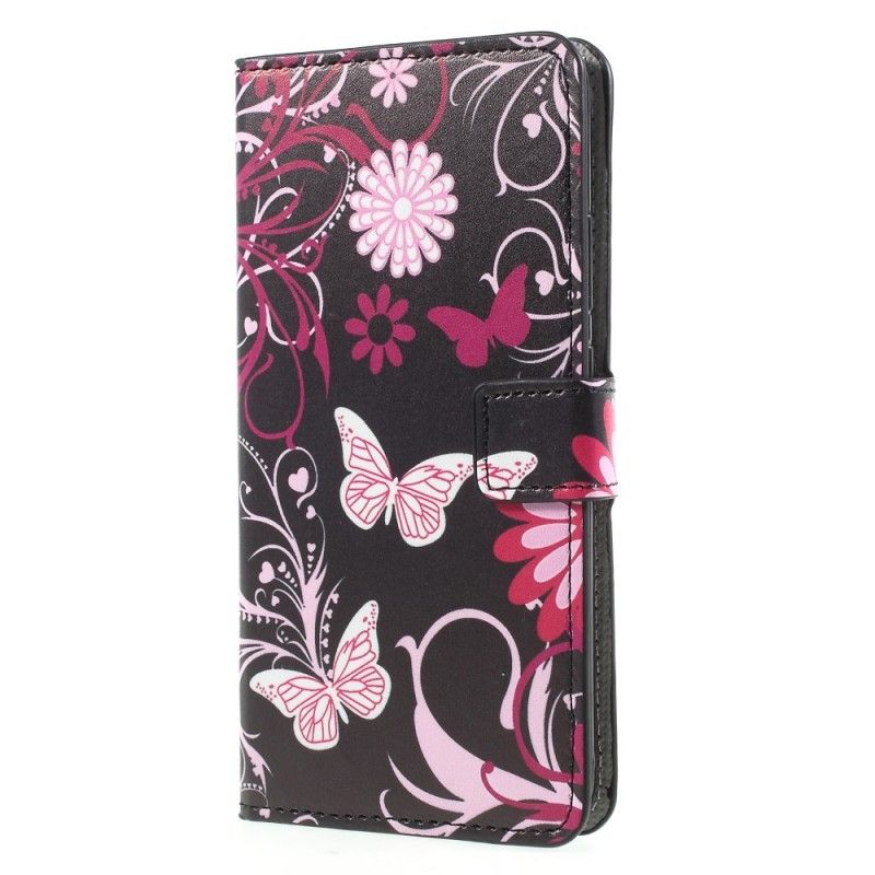 Flip Cover Læder Huawei Mate 10 Pro Sort Sommerfugle Og Blomster