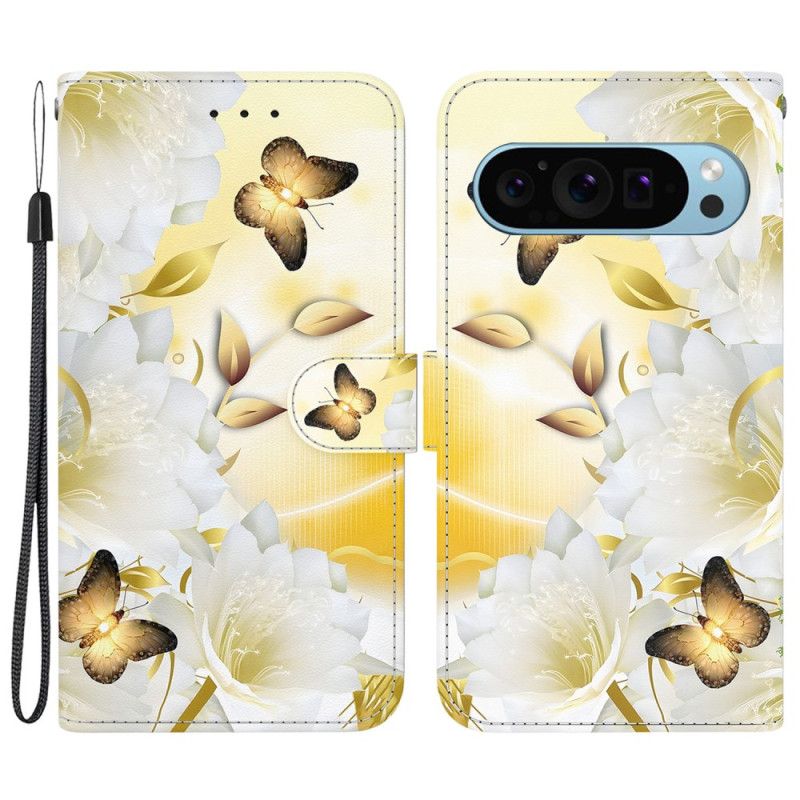 Flip Cover Google Pixel 9 Gyldne Sommerfugle Og Hvide Blomster Med Rem