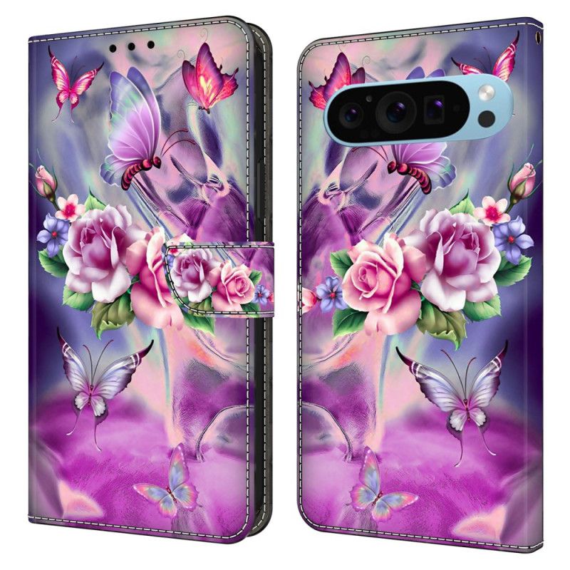 Flip Cover Til Google Pixel 9 Sommerfugle Og Blomster Lilla