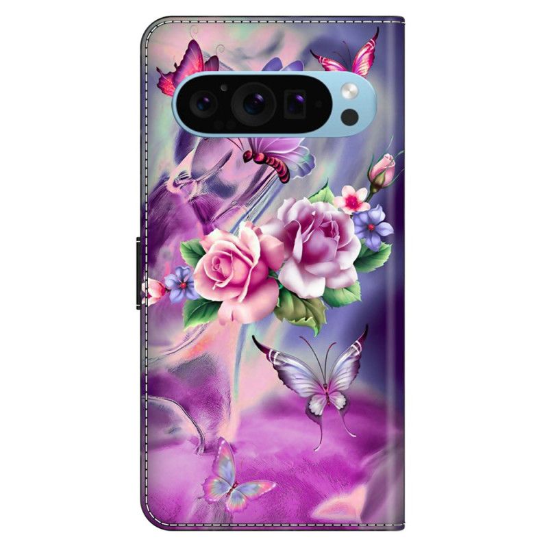 Flip Cover Til Google Pixel 9 Sommerfugle Og Blomster Lilla