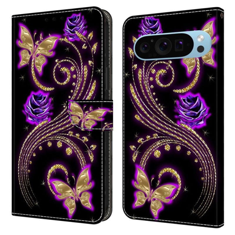 Flip Cover Til Google Pixel 9 Violette Blomster Og Sommerfugle