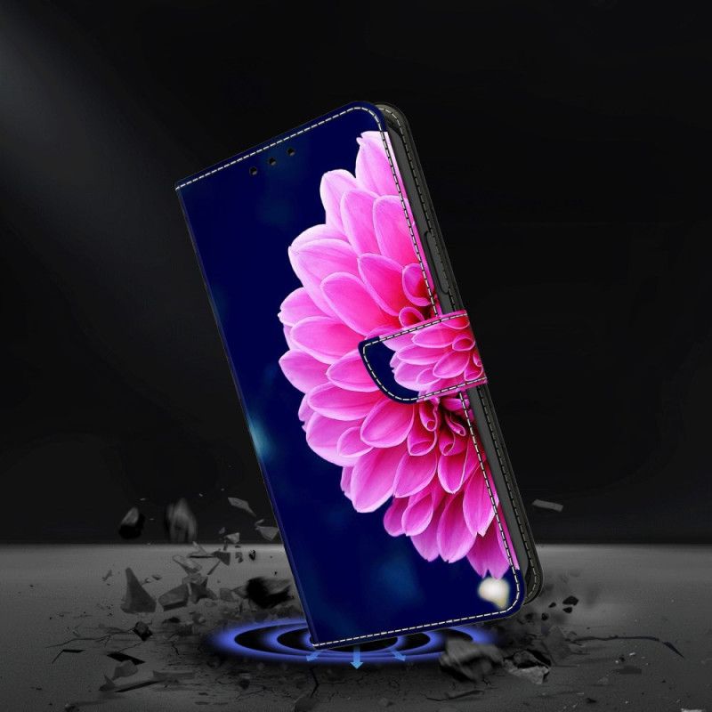 Læder Cover Google Pixel 9 Telefon Etui Lyserød Blomst På Blå Baggrund