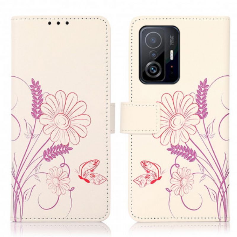 Flip Cover Til Xiaomi Mi 11t / 11t Pro Tegning Sommerfugle Og Blomster