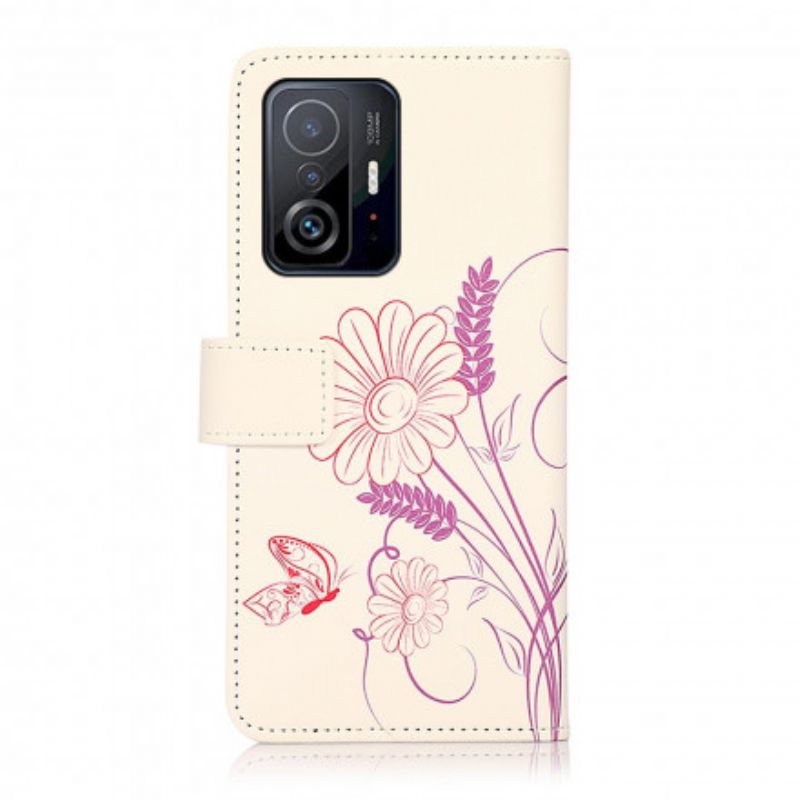 Flip Cover Til Xiaomi Mi 11t / 11t Pro Tegning Sommerfugle Og Blomster