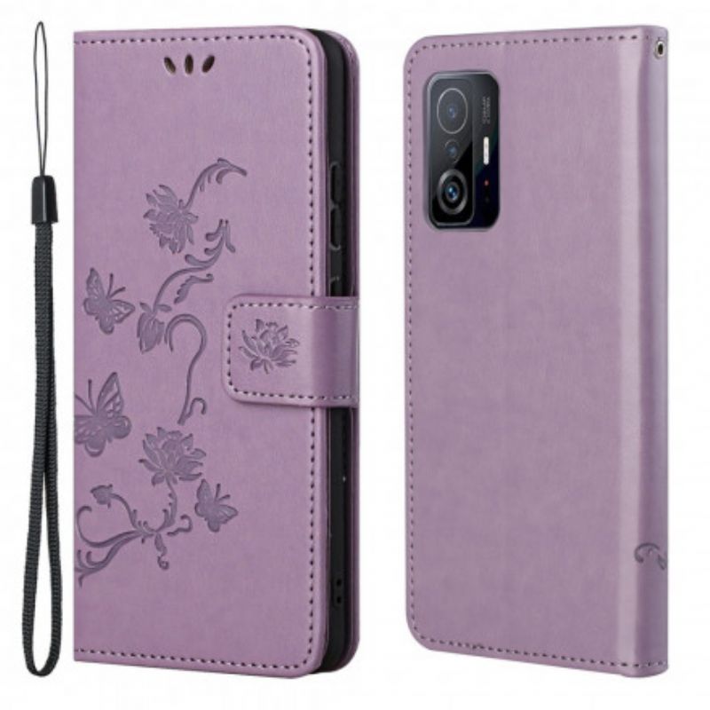 Flip Cover Xiaomi Mi 11t / 11t Pro Sommerfugle Og Blomster Strappy