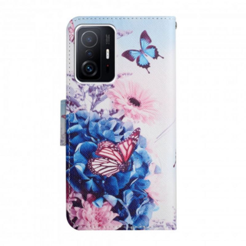 Læder Cover Xiaomi Mi 11t / 11t Pro Buket Af Blomster Og Sommerfugle