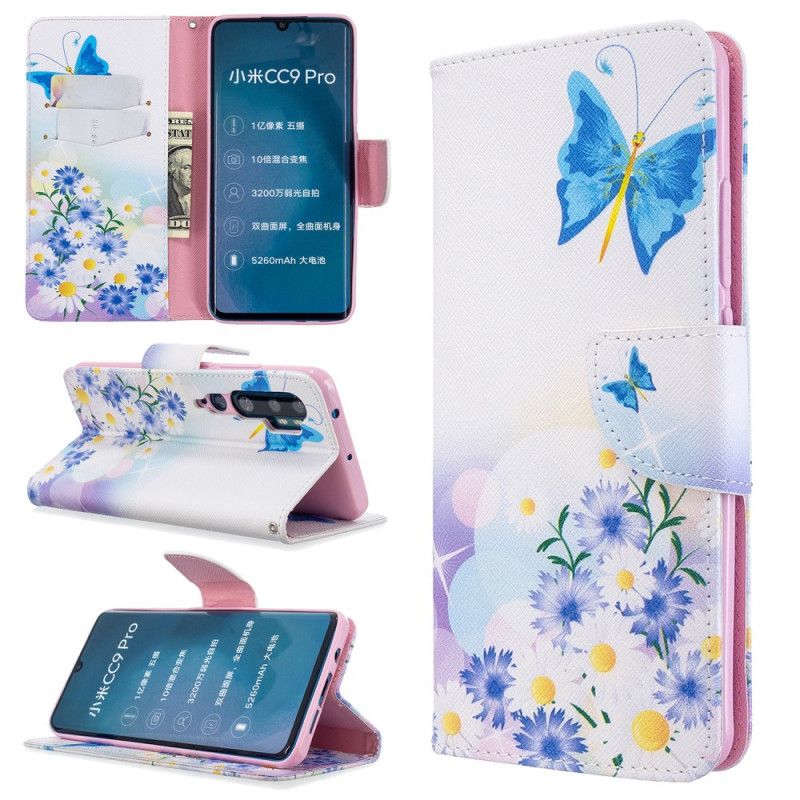 Flip Cover Læder Xiaomi Mi Note 10 / 10 Pro Pink Malede Sommerfugle Og Blomster