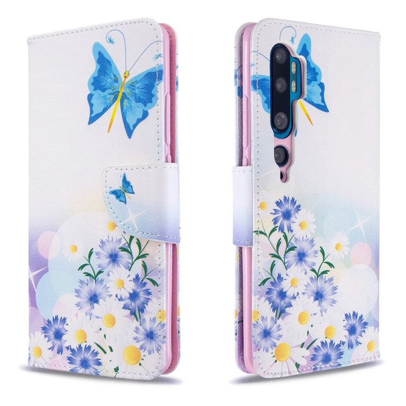 Flip Cover Læder Xiaomi Mi Note 10 / 10 Pro Pink Malede Sommerfugle Og Blomster