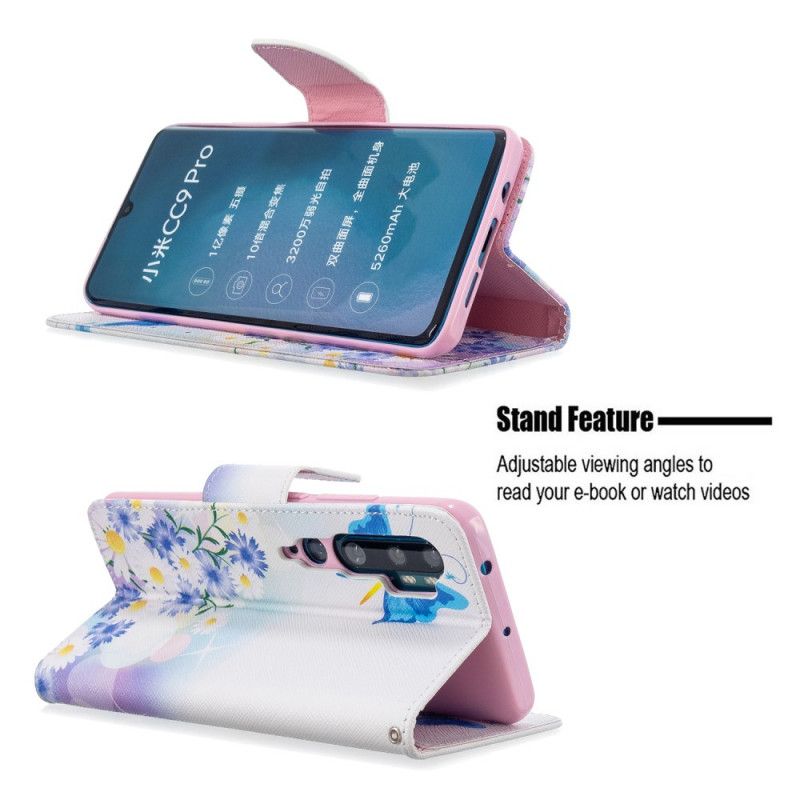 Flip Cover Læder Xiaomi Mi Note 10 / 10 Pro Pink Malede Sommerfugle Og Blomster