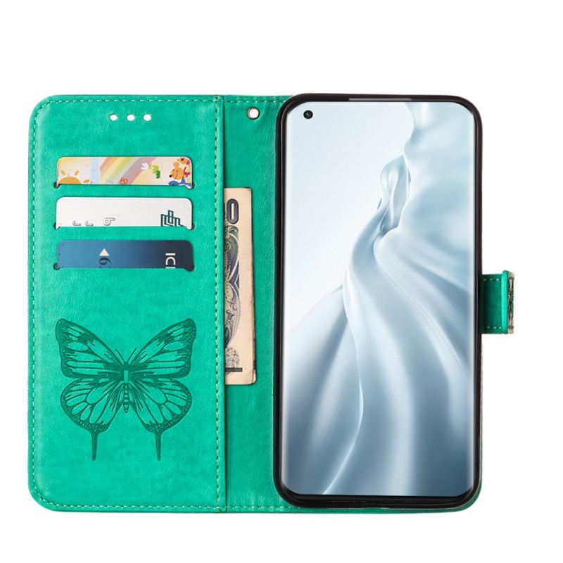 Flip Cover Xiaomi Mi 11 Sort Designer Sommerfugl Med Rem