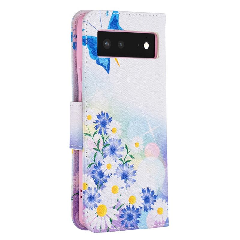 Læder Cover Google Pixel 6 Telefon Etui Malede Sommerfugle