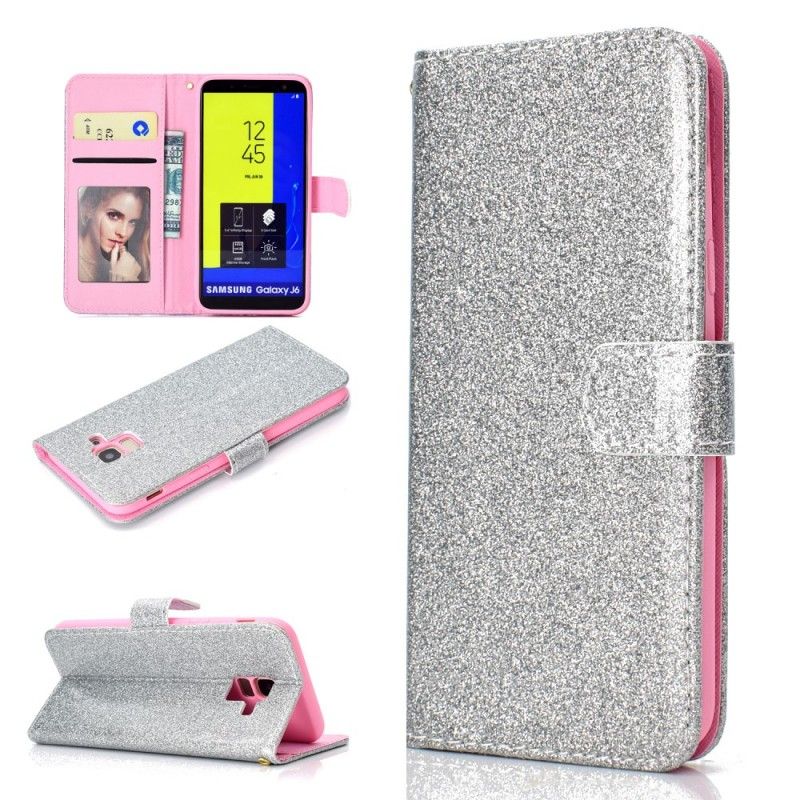 Flip Cover Læder for Samsung Galaxy J6 Lilla Glitter