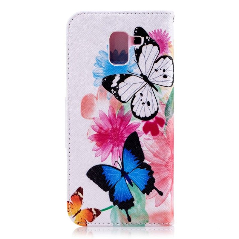 Flip Cover Læder Samsung Galaxy J6 Malede Sommerfugle Og Blomster Original