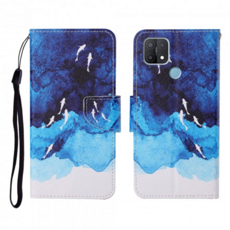 Læder Cover Oppo A15 Telefon Etui Hav Med Snor