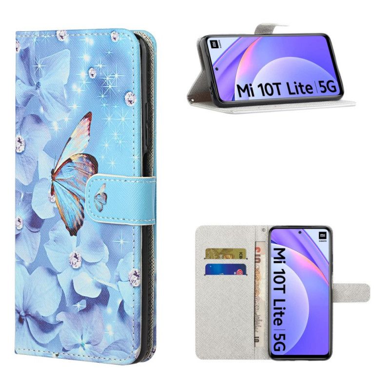 Flip Cover Læder Xiaomi Mi 10T Lite 5G / Redmi Note 9 Pro 5G Diamant Sommerfugle Med Rem