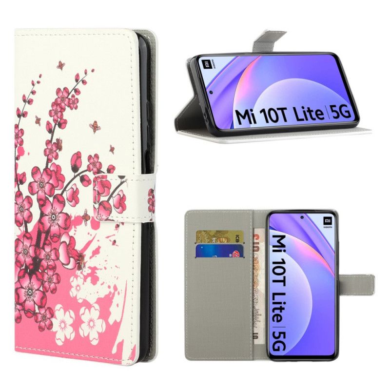 Flip Cover Læder Xiaomi Mi 10T Lite 5G / Redmi Note 9 Pro 5G Magenta Tropiske Blomster Original