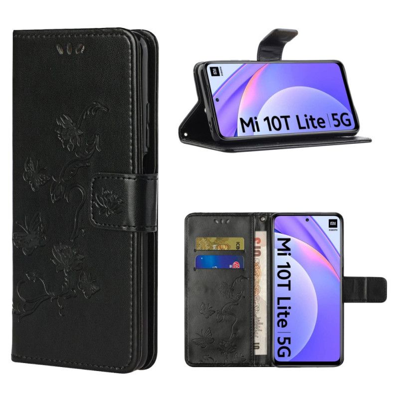 Flip Cover Læder Xiaomi Mi 10T Lite 5G / Redmi Note 9 Pro 5G Sort Asien Sommerfugle