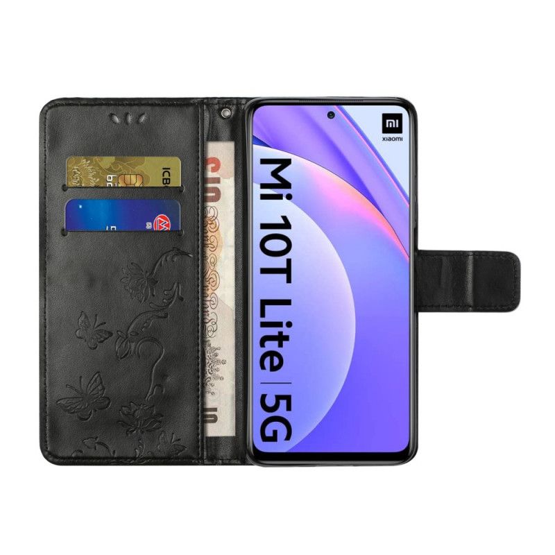 Flip Cover Læder Xiaomi Mi 10T Lite 5G / Redmi Note 9 Pro 5G Sort Asien Sommerfugle