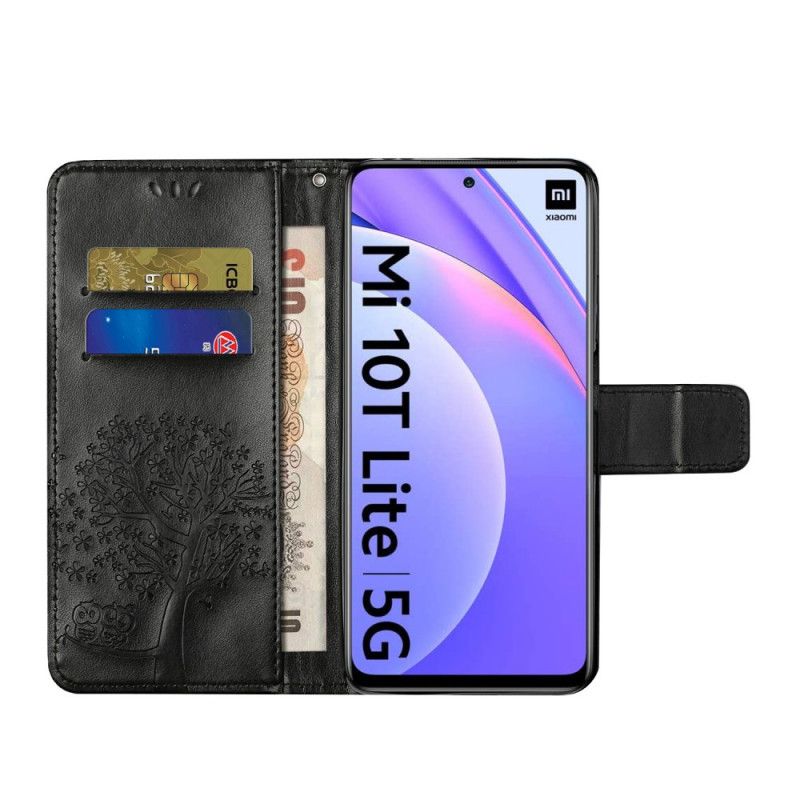 Flip Cover Læder Xiaomi Mi 10T Lite 5G / Redmi Note 9 Pro 5G Sort Træ- Og Stringugler