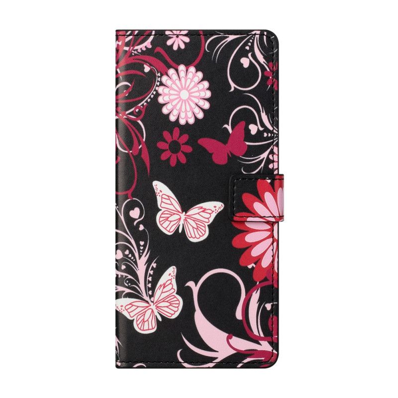 Flip Cover Xiaomi Mi 10T Lite 5G / Redmi Note 9 Pro 5G Sort Mobilcover Sommerfugle Og Blomster