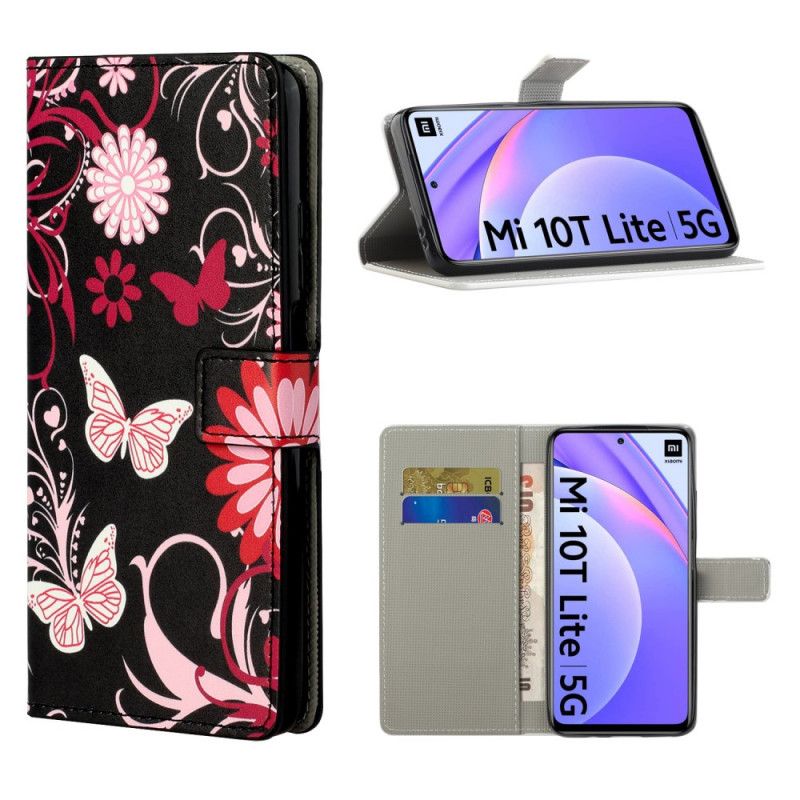 Flip Cover Xiaomi Mi 10T Lite 5G / Redmi Note 9 Pro 5G Sort Mobilcover Sommerfugle Og Blomster