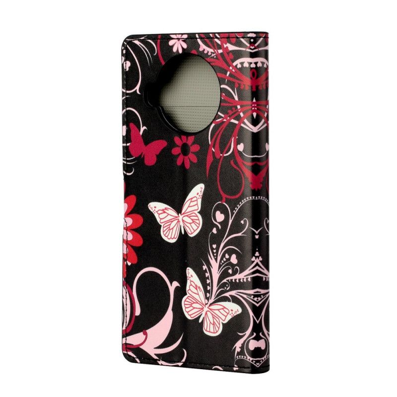 Flip Cover Xiaomi Mi 10T Lite 5G / Redmi Note 9 Pro 5G Sort Mobilcover Sommerfugle Og Blomster