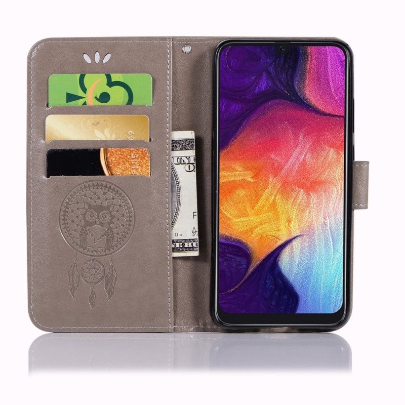 Flip Cover Læder for Samsung Galaxy A70 Grå Dreamcatcher Af Ugle I Lædereffekt