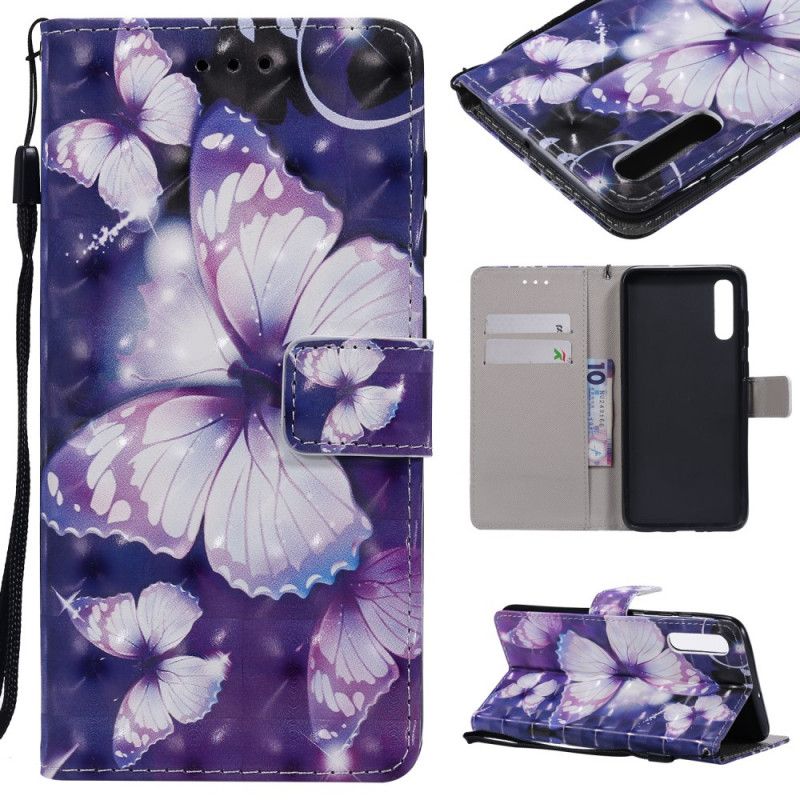 Flip Cover Læder for Samsung Galaxy A70 Lyserød Farverige Remme Sommerfugle