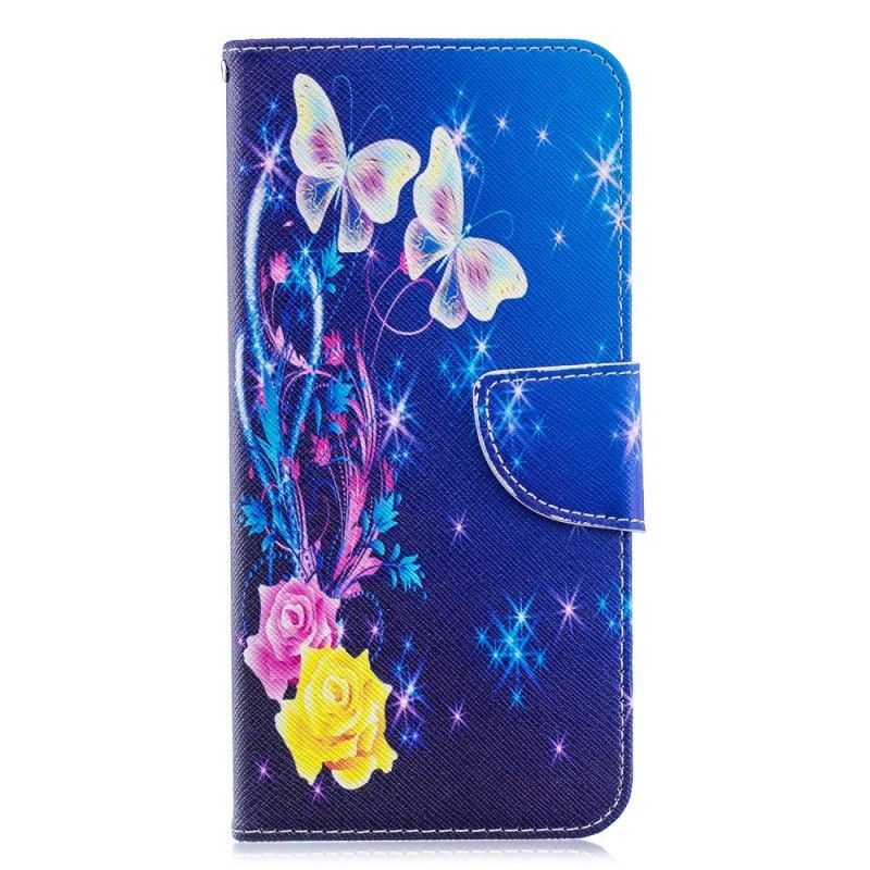 Flip Cover Læder for Samsung Galaxy A70 Magenta Gyldne Sommerfugle