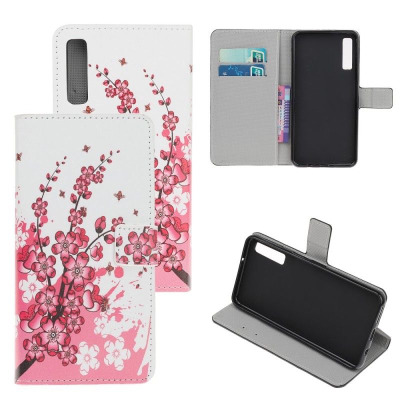 Flip Cover Læder for Samsung Galaxy A70 Magenta Tropiske Blomster