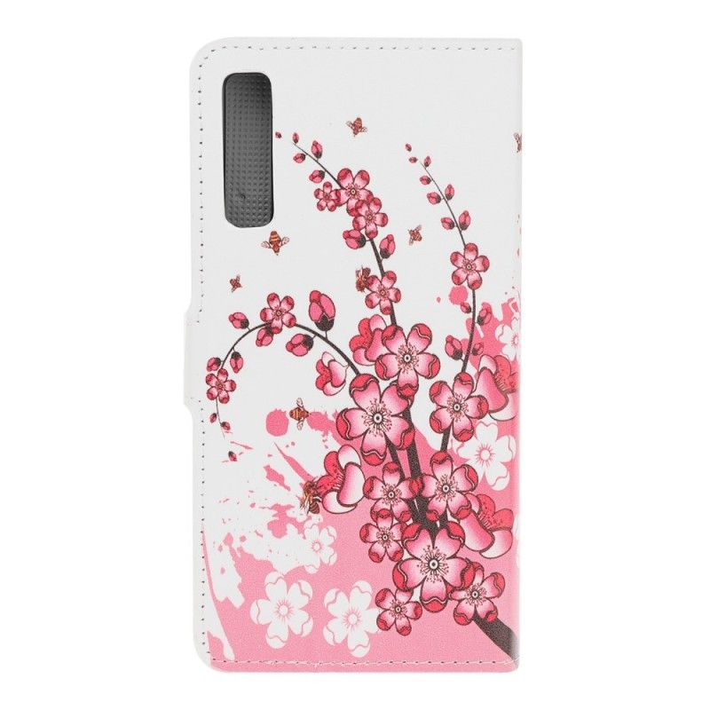 Flip Cover Læder for Samsung Galaxy A70 Magenta Tropiske Blomster