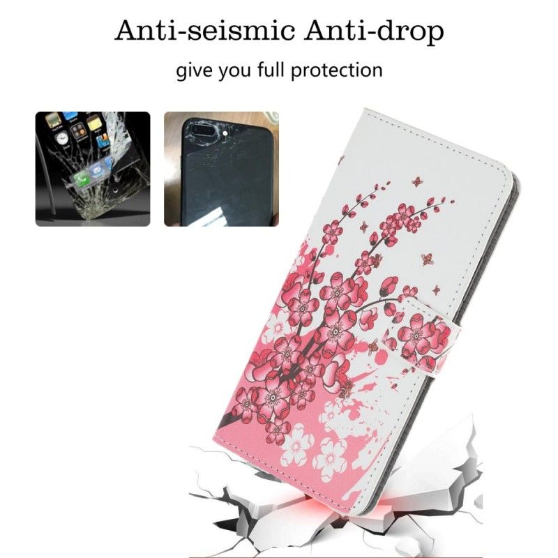 Flip Cover Læder for Samsung Galaxy A70 Magenta Tropiske Blomster