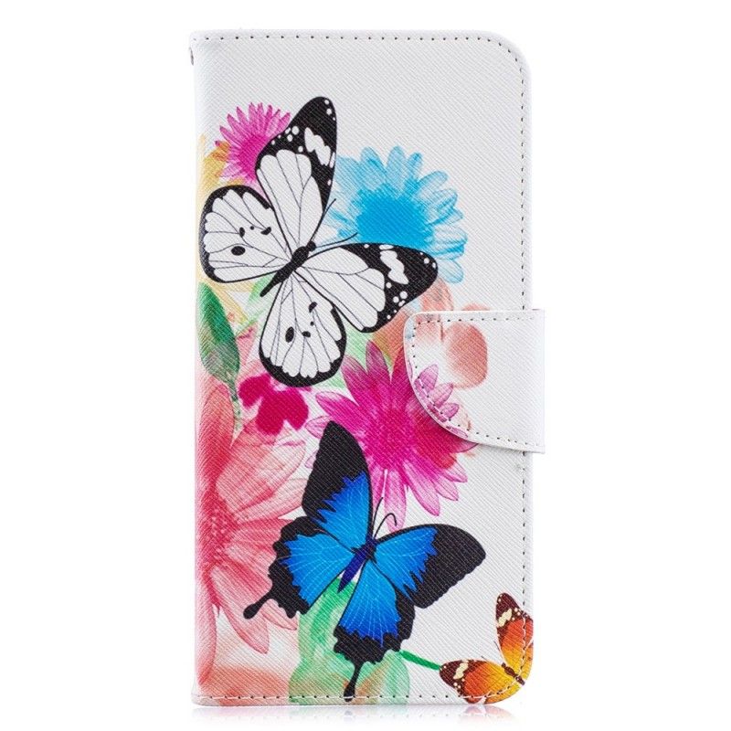 Flip Cover Læder Samsung Galaxy A70 Magenta Malede Sommerfugle Og Blomster